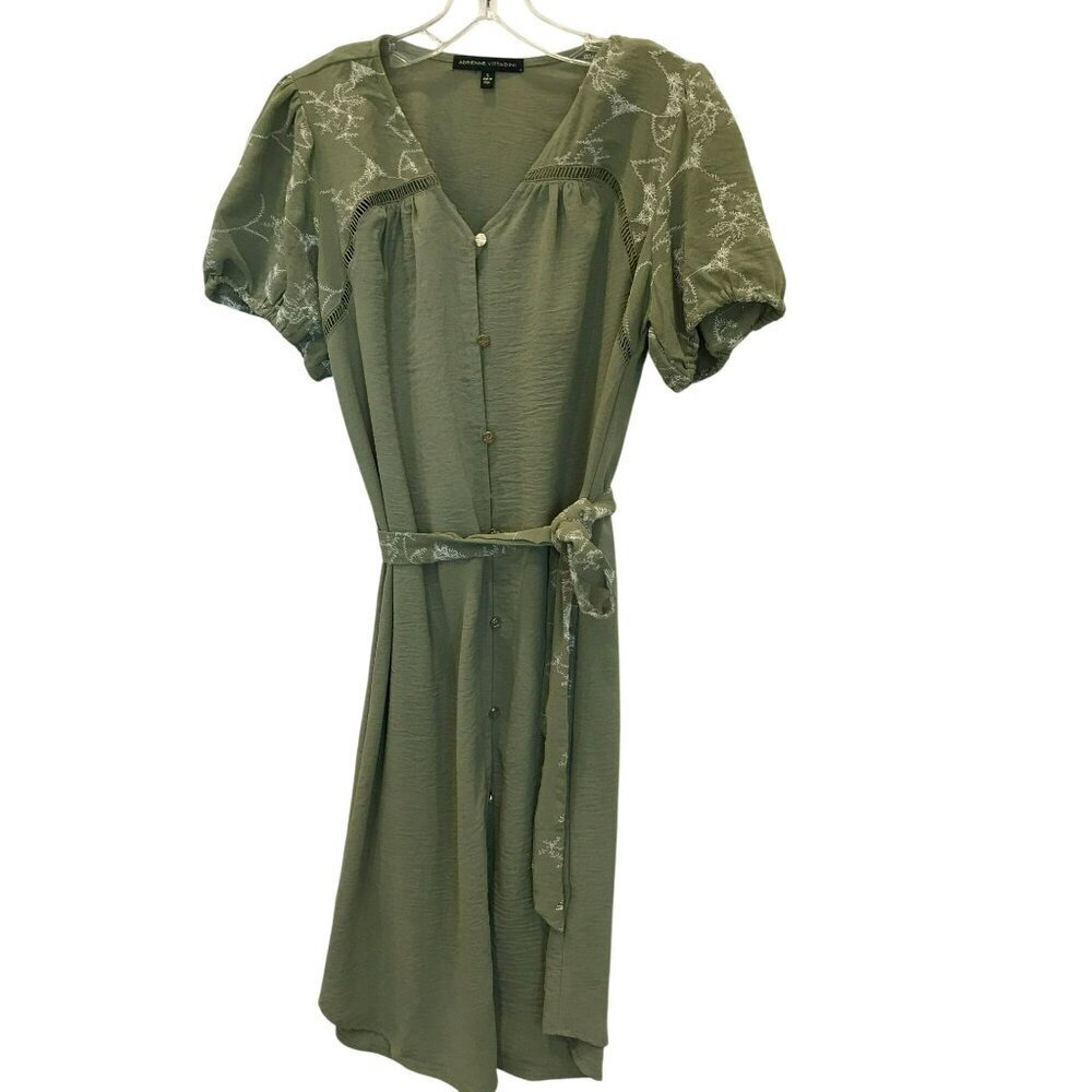 Adrianne Vittaldini Tie Waist Dress Puffy Short Sleeve Button Front Green Small